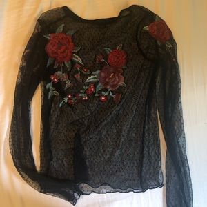 Sheer shirt w embroidered flowers